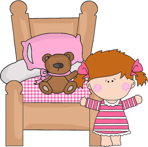 Girl with Teddy Bear and Bed