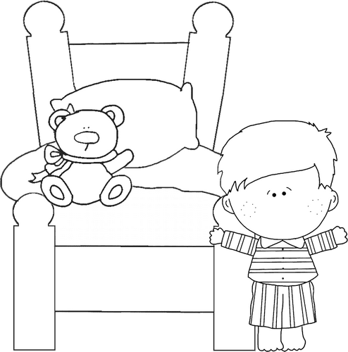 Boy with Teddy Bear and Bed