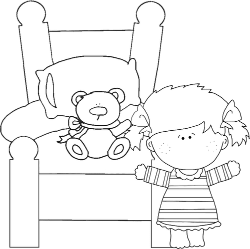 Girl with Teddy Bear and Bed